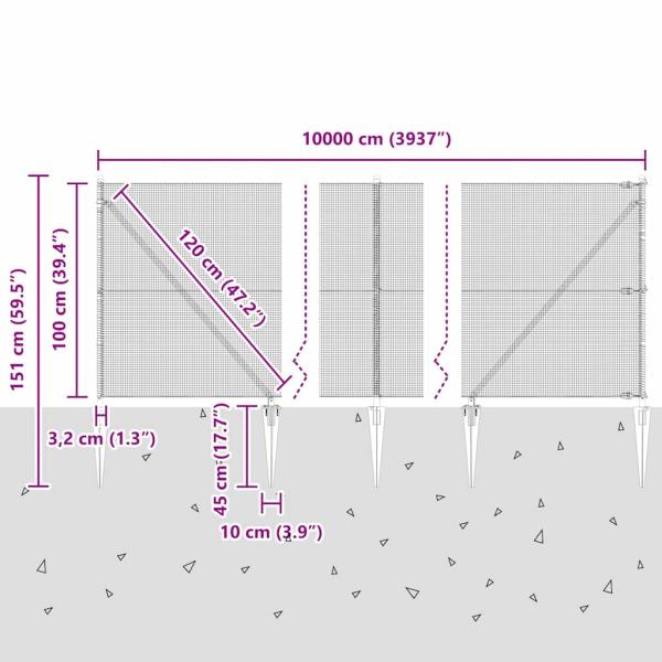 Zaunpfosten Grau 100 x 1 m (12 x 12 mm Maschen) Stahl und PVC
