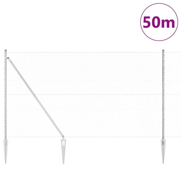 Sechseckzaun mit Pfosten 50 x 1,6 m Verzinkter Stahl Silber