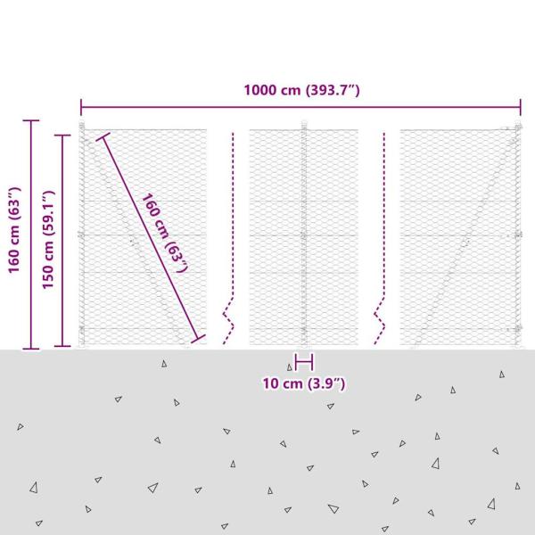 Sechseckiger Zaun mit Betonfundament 10 x 1,5 m Silber Netz