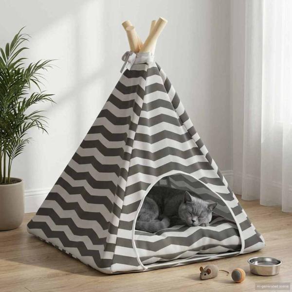 ARDEBO.de - Haustier-Tipi mit Kissen Weiß und Grau 40 x 40 x 50 cm
