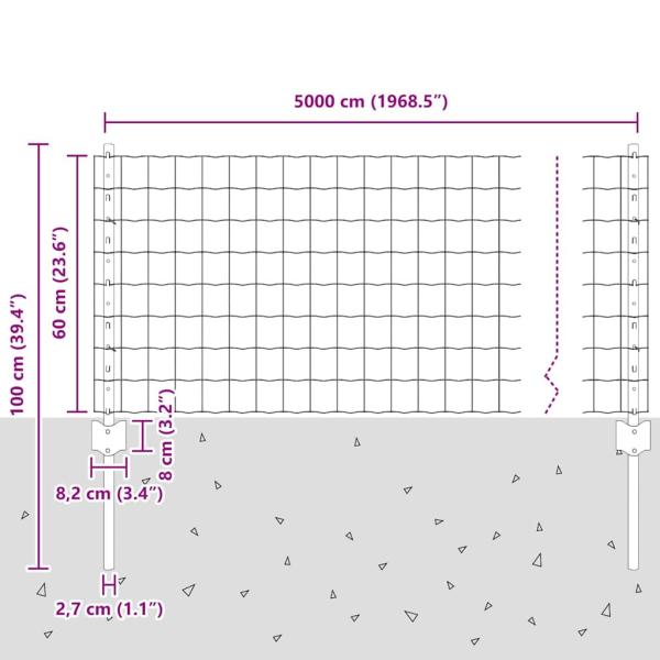 Zaun mit Pfosten Grün 0,6 x 50 m Stahl und PVC