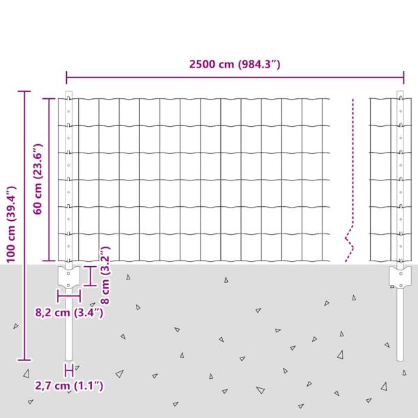 Zaun mit Pfosten Grau 0,6 x 25 m Stahl und PVC
