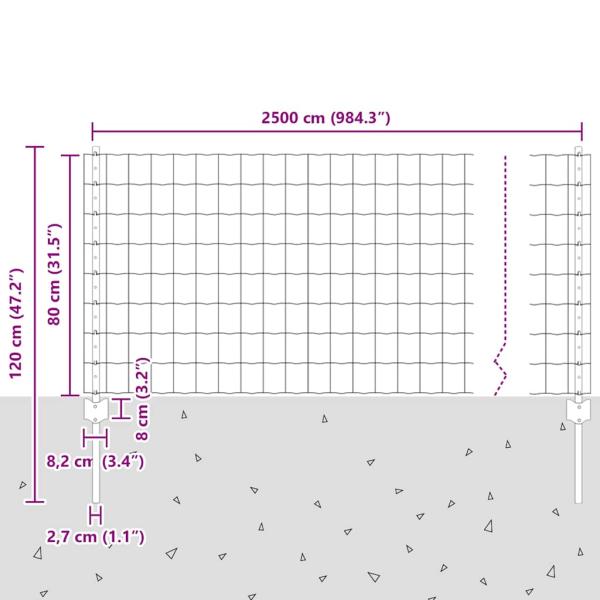 Zaun mit Pfosten Grau 0,8 x 25 m Stahl und PVC