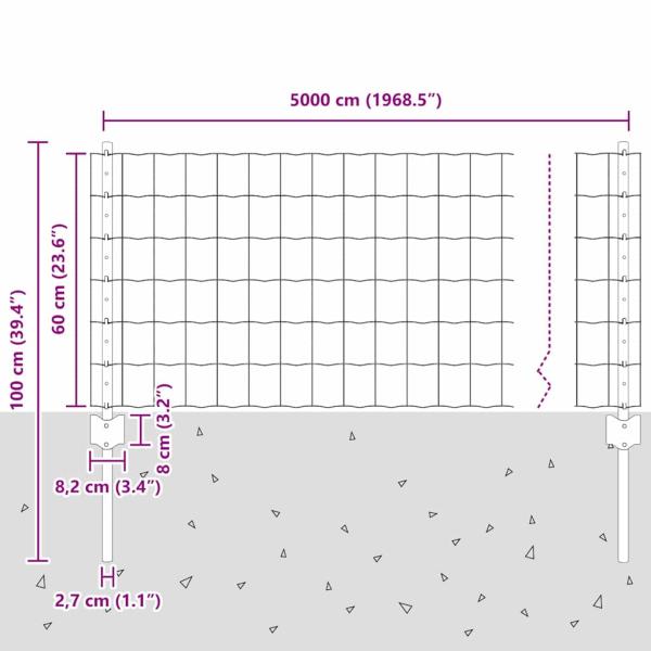 Zaun mit Pfosten Grau 0,6 x 50 m Stahl und PVC