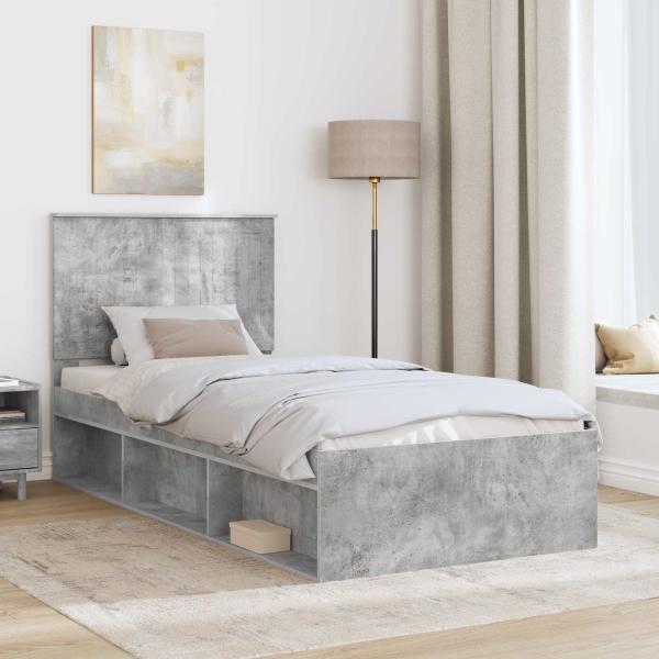 Bettrahmen mit Kopfteil Beton 90 x 200 cm Massives Kiefernholz