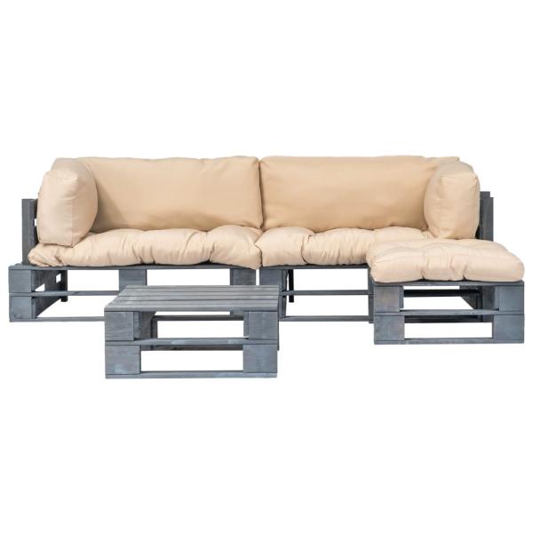 4-tlg. Outdoor-Lounge-Set Paletten Kissen in Sandfarben Holz