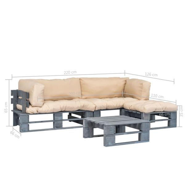 4-tlg. Outdoor-Lounge-Set Paletten Kissen in Sandfarben Holz