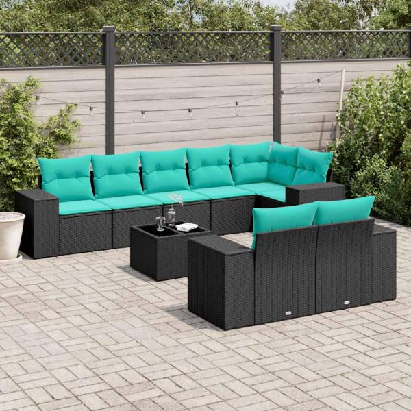 ARDEBO.de - 9-teiliges Gartensofa-Set mit Kissen, schwarzes Polyrattan