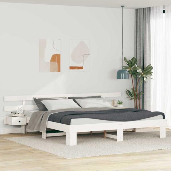 ARDEBO.de - Bettrahmen mit Kopfteil Weiß 200 x 200 cm Massives Kiefernholz