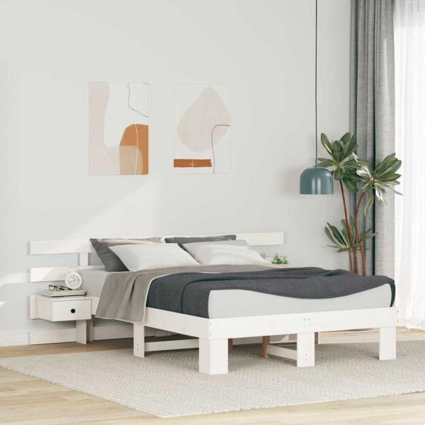 ARDEBO.de - Bettrahmen mit Kopfteil Weiß 135 x 190 cm Massives Kiefernholz