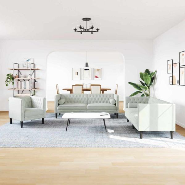 ARDEBO.de - Wohnzimmer Couch 3 Stk. Hellgrau Samt