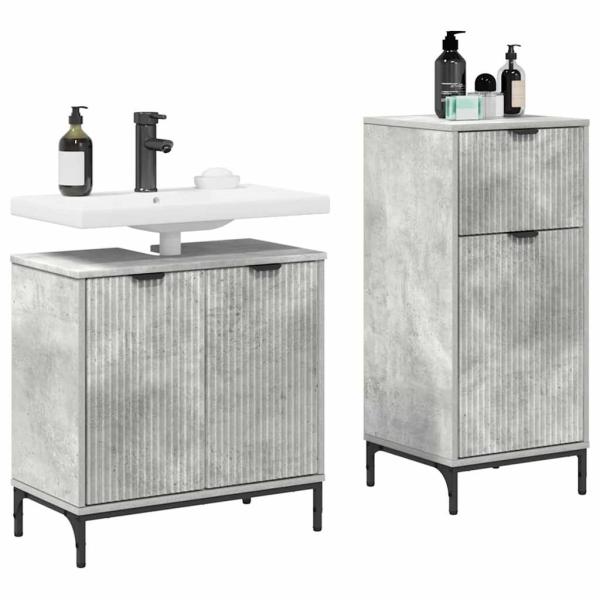 Badezimmermöbel-Set 2 Stk. Betongrau Sperrholz und Metall