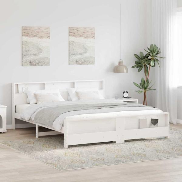 ARDEBO.de - Bettrahmen mit Regal Weiß 200 x 200 cm Massives Kiefernholz