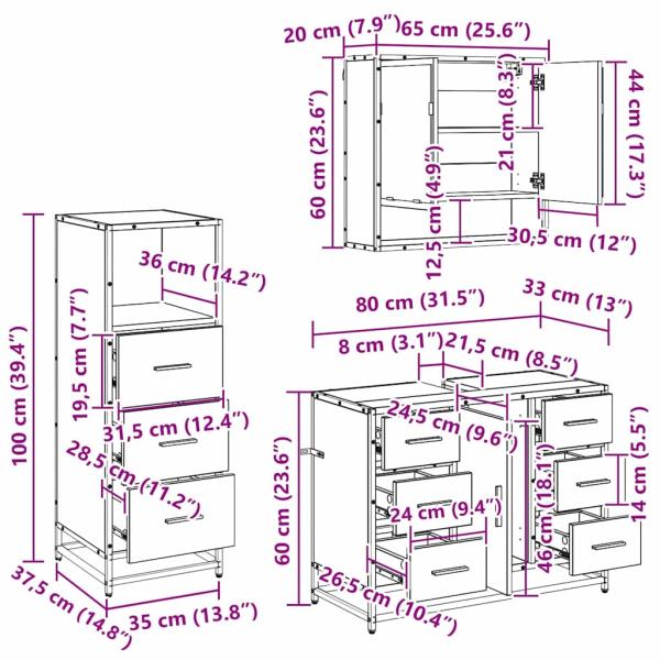 Badezimmermöbel-Set 3 stk. Schwarz Eichen-Optik 80 x 33 x 60 cm