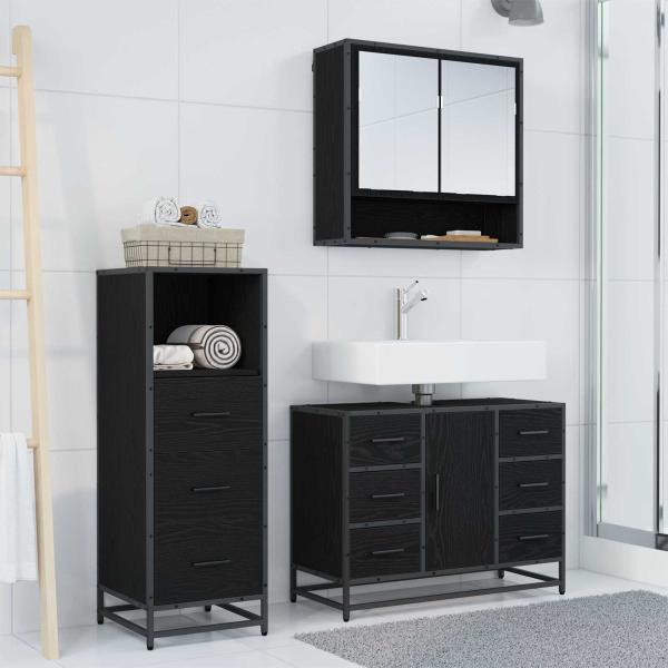 Badezimmermöbel-Set 3 stk. Schwarz Eichen-Optik 80 x 33 x 60 cm