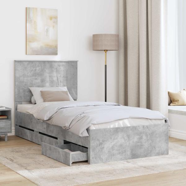 Bettrahmen mit Kopfteil Beton Grau 90 x 200 cm Ingenieurs Holz