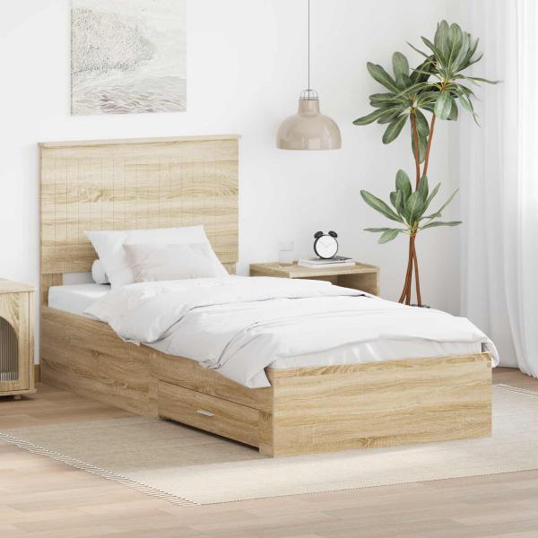 ARDEBO.de - Bettrahmen mit Kopfteil Sonoma-Eiche 90 x 200 cm Holzwerkstoff