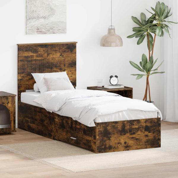 ARDEBO.de - Bettrahmen Rauchige Eiche und Silber 70 x 190 cm Holzwerkstoff