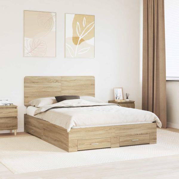 ARDEBO.de - Bettrahmen mit Kopfteil Sonoma-Eiche 140 x 190 cm Holzwerkstoff
