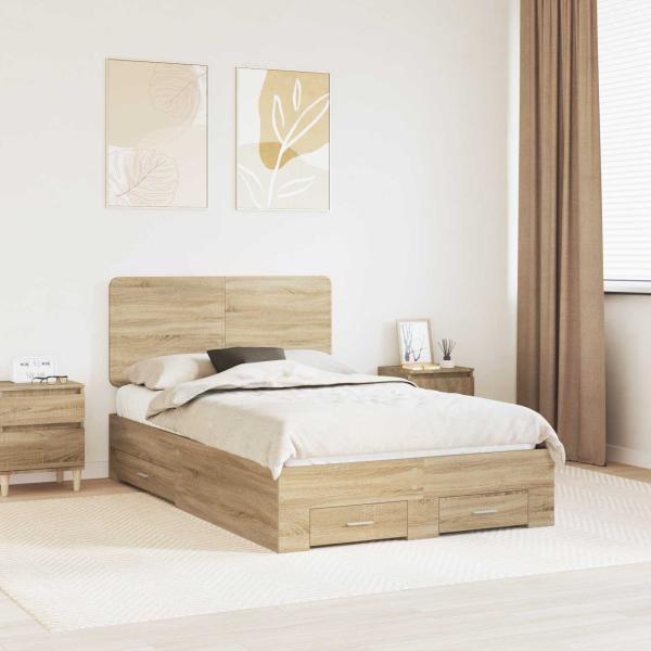 ARDEBO.de - Bettrahmen mit Kopfteil Sonoma-Eiche 120 x 200 cm Holzwerkstoff