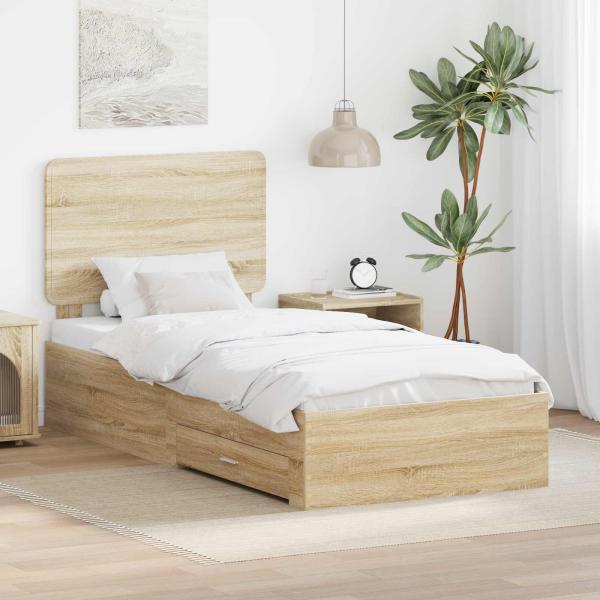ARDEBO.de - Bettrahmen mit Kopfteil Sonoma-Eiche 90 x 200 cm Holzwerkstoff