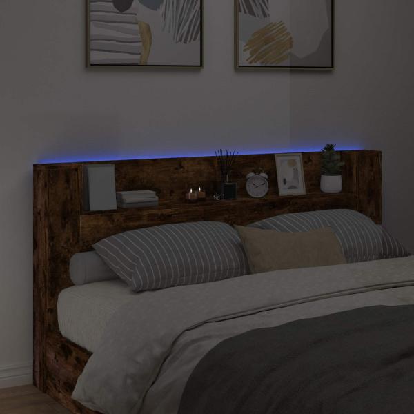 Stauraum Kopfteil mit LED Raucheiche Holzwerkstoff