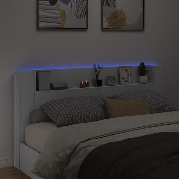 Stauraum Kopfteil mit LED Weiß Holzwerkstoff