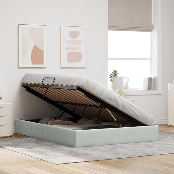 Ottoman Bettgestell mit Speicher Hellgrau 140 x 200 cm Samt