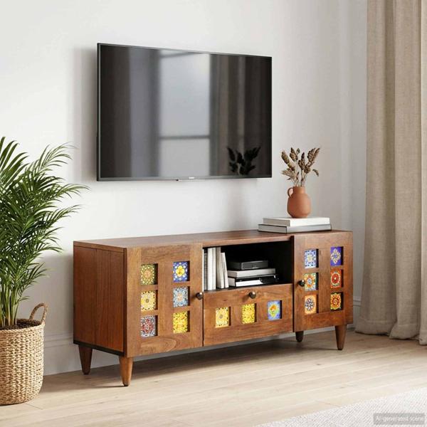 ARDEBO.de - TV-Schränk mit Tür Walnuss 105 x 33 x 46 cm Massivholz Mango