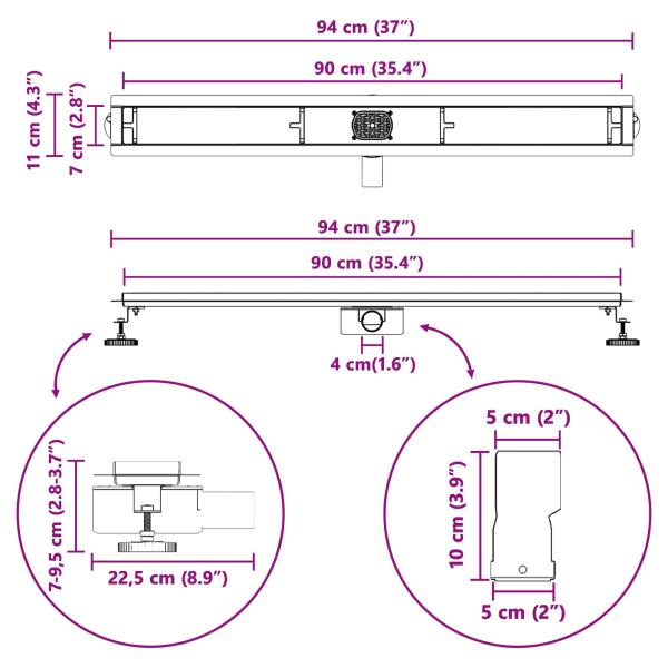 Duschabfluss mit Glashülle und 360° Siphon Schwarz 90 cm