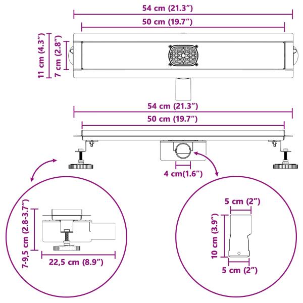 Duschabfluss mit Glashülle und 360° Siphon Silber 50 cm