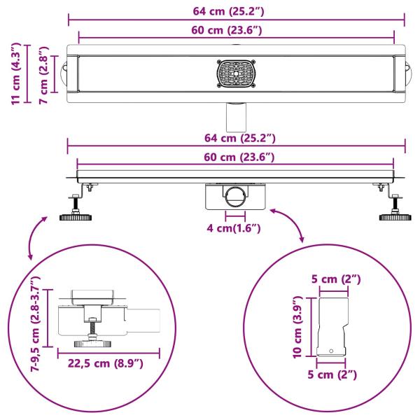 Duschabfluss mit Glashülle und 360° Siphon Silber 60 cm