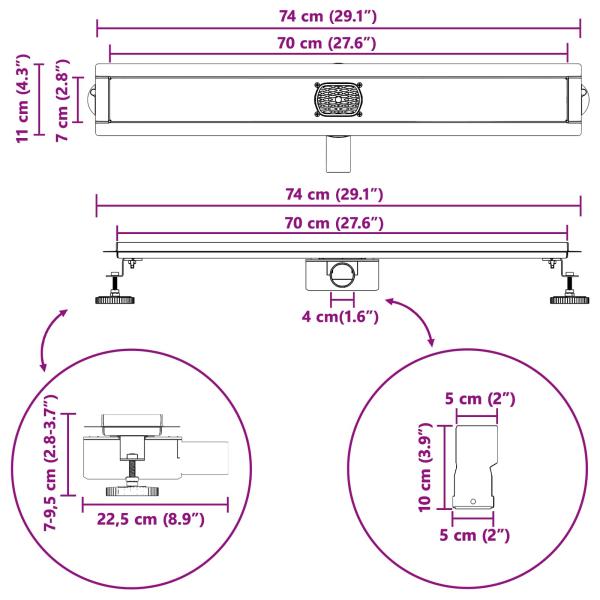 Duschabfluss mit Glashülle und 360° Siphon Silber 70 cm