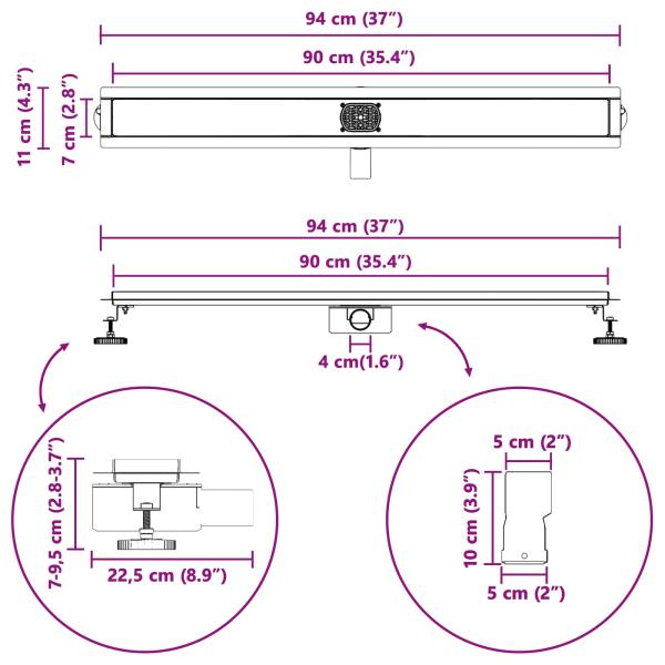 Duschabfluss mit Glashülle und 360° Siphon Silber 90 cm