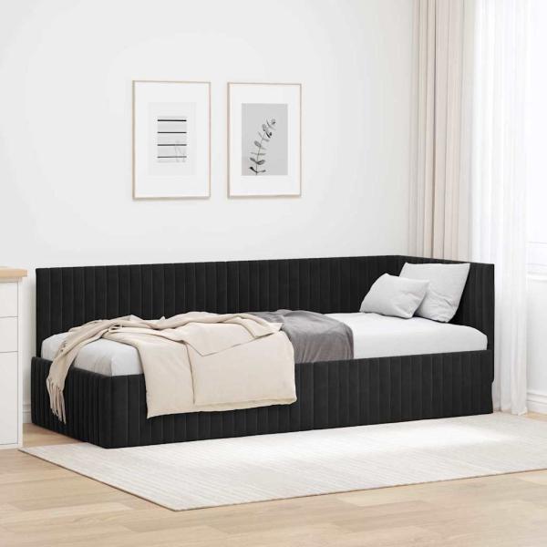ARDEBO.de - Eckbettgestell mit Kopfteil Schwarz 80 cm x 200 cm Samt