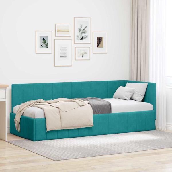 ARDEBO.de - Eckbettgestell mit Kopfteil Türkis 80 cm x 200 cm Samt