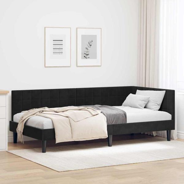 ARDEBO.de - Eckbettgestell mit Kopfteil Schwarz 90 cm x 190 cm Samt
