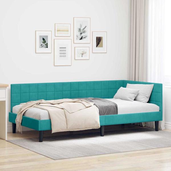 ARDEBO.de - Eckbettgestell mit Kopfteil Türkis 90 cm x 190 cm Samt