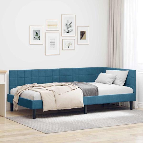 ARDEBO.de - Eckbettgestell mit Kopfteil Blau 90 cm x 200 cm Samt