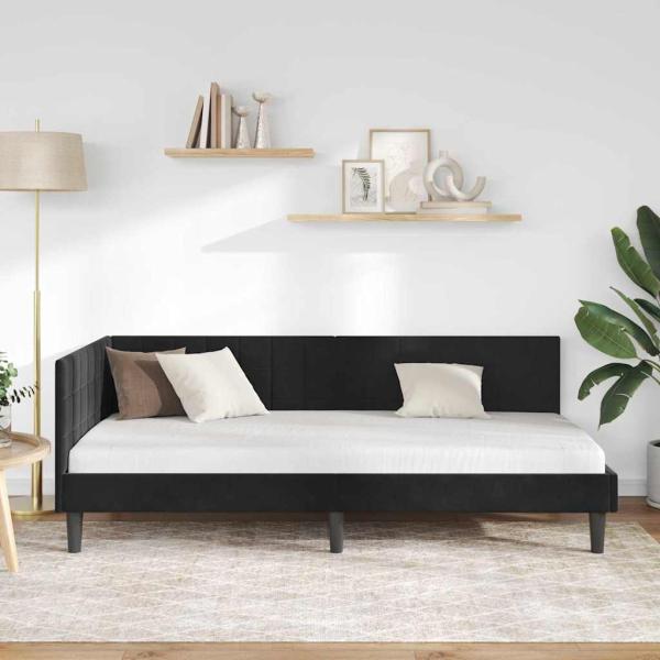 Eckbettgestell mit Kopfteil Schwarz 90 cm x 200 cm Samt