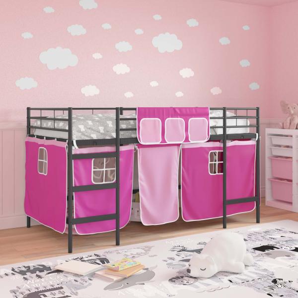 Etagenbett für Kinder mit Vorhängen Uni Schwarz und Pink