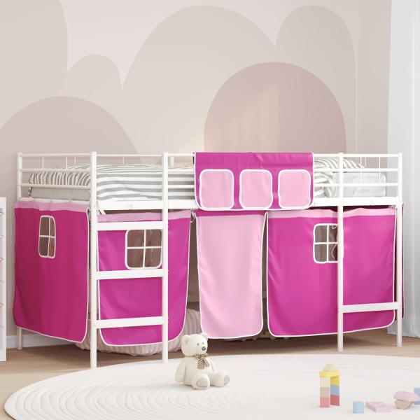 ARDEBO.de - Etagenbett für Kinder mit Vorhängen Weiß und Rosa 100 x 200 cm