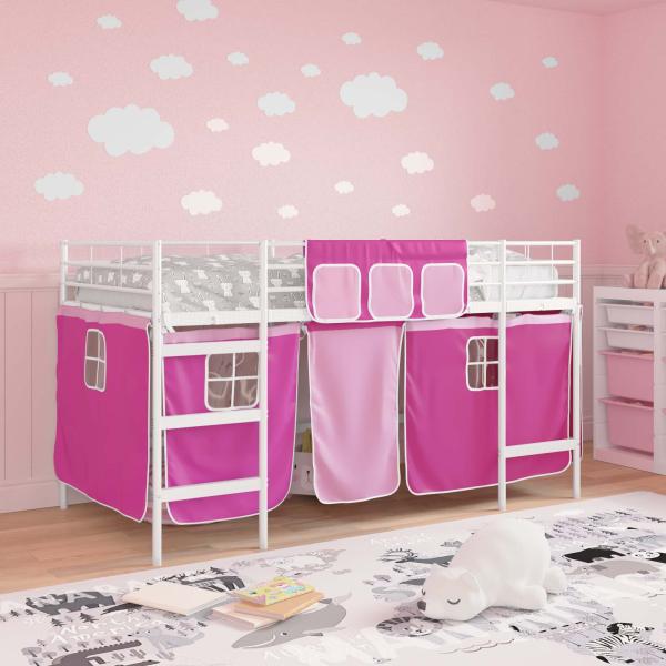 Etagenbett für Kinder mit Vorhängen Weiß und Rosa 100 x 200 cm