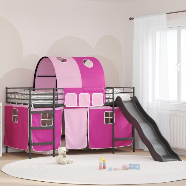 ARDEBO.de - Etagenbett für Kinder mit Vorhängen Uni Schwarz und Pink Metall