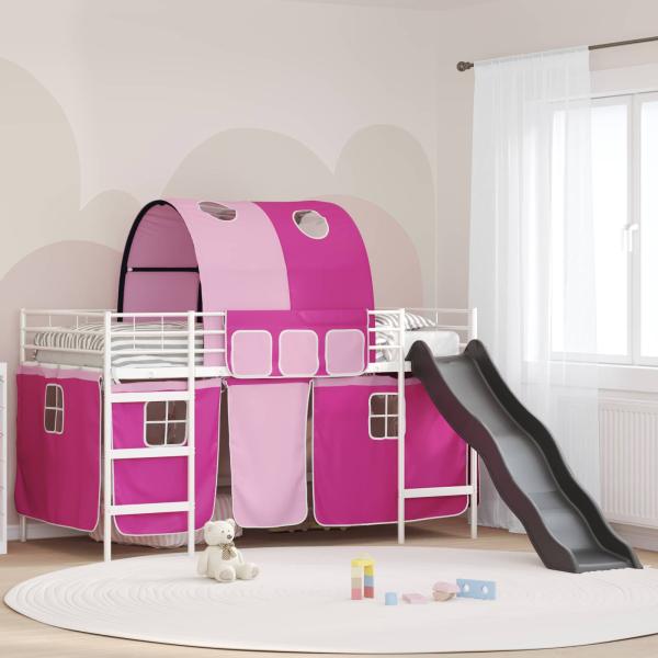 ARDEBO.de - Etagenbett für Kinder mit Vorhängen Weiß und Rosa 107 x 203 cm