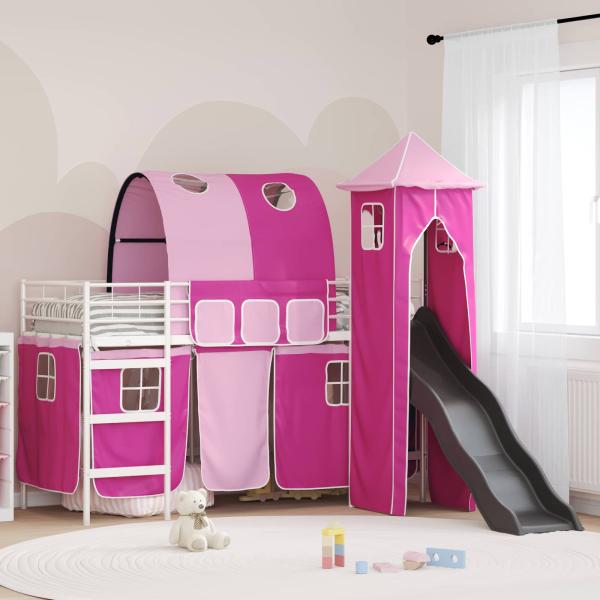 ARDEBO.de - Kinder Etagenbett Gestell Uni Weiß und Rosa 100 x 190 cm Metall