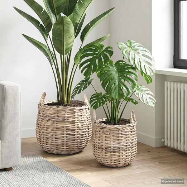 ARDEBO.de - Blumentopf Körbchen GENDT 2 stk. Natürliches Grau Kubu Rattan