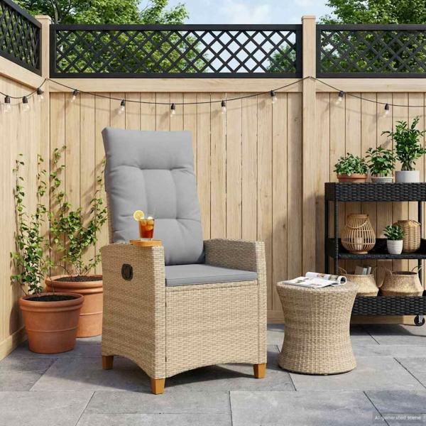 ARDEBO.de - Liegestuhl mit Teeteller Beige und Hellgrau Poly-Rattan