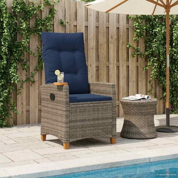 ARDEBO.de - Liegestuhl mit Teeteller Grau und Marineblau Poly-Rattan