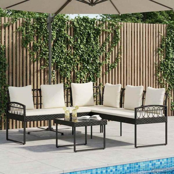 ARDEBO.de - Gartensofa-set 2 stk. Schwarz und Creme Poly Rattan Stahl